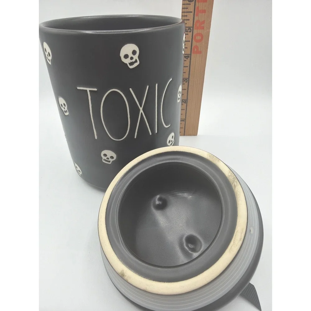 Rae Dunn TOXIC Halloween Canister Black White Skulls Bone Lid